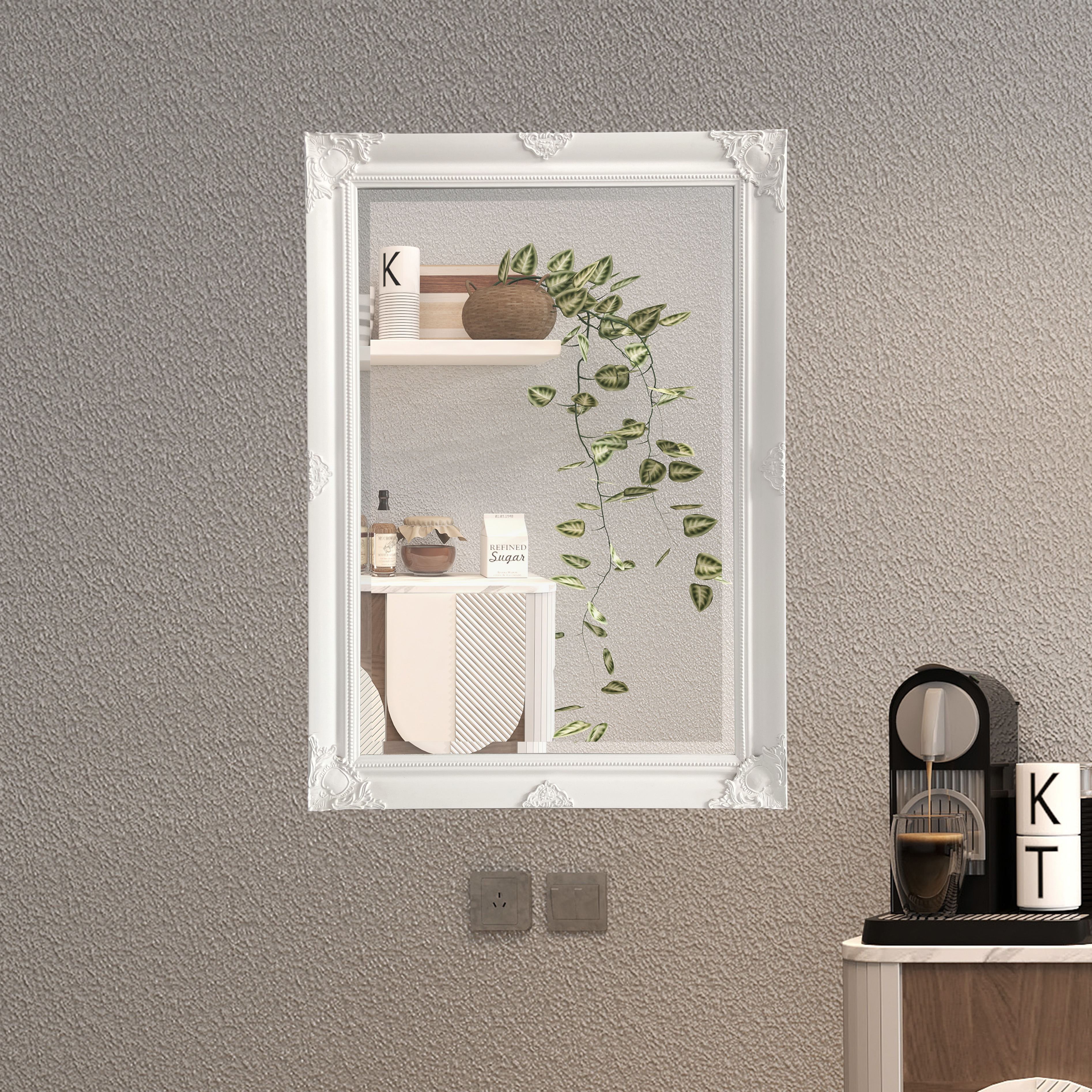 white mirror with shelf